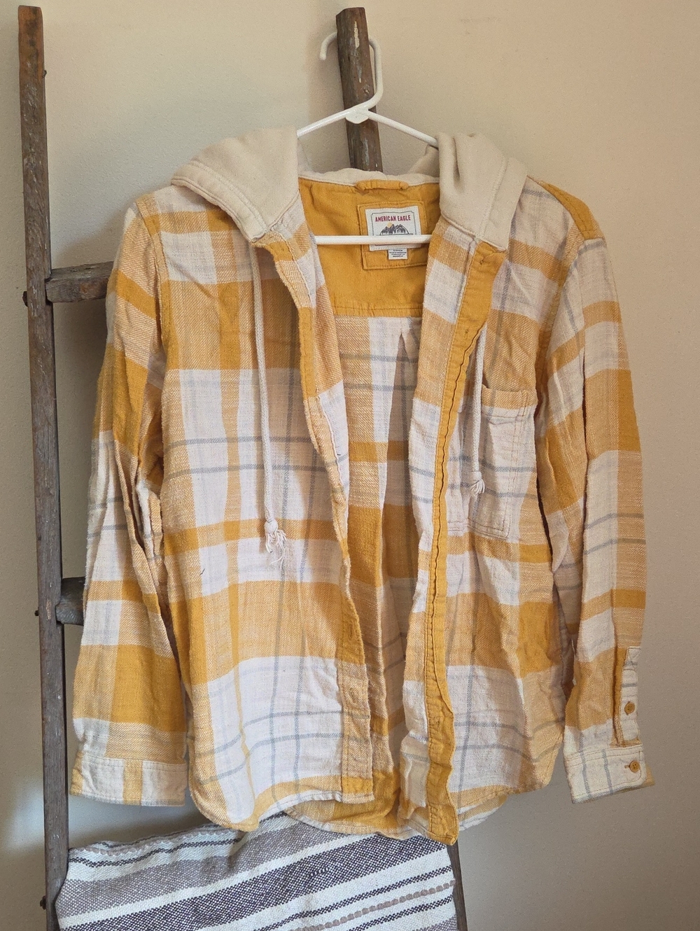 American Eagle Mustard Yellow & Cream Plaid Hooded Shirt Jacket